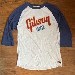 RARE Gibson x Aviator Nation White and Blue 3/4 Sleeve Tee